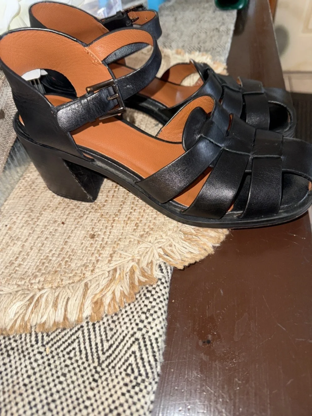 Zara Black Leather Strappy Block Heel Sandals size 38 or 8 - Picture 4 of 9